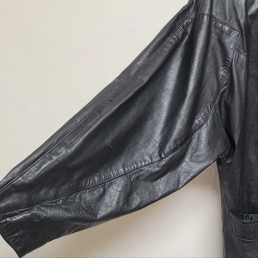 80s Vintage BKE Black Leather Longline Dolman Sleeve Oversized Trench Coat 7/8